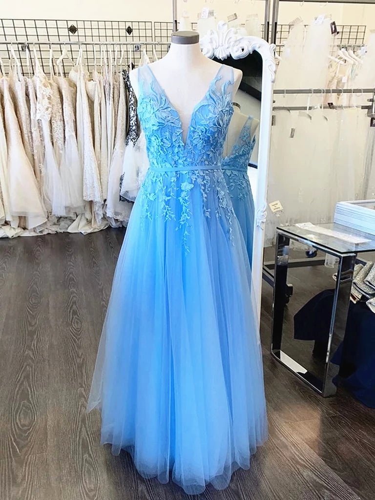 A Line V Neck Light Blue Lace Prom Dresses, V Neck Sky Blue Lace Forma