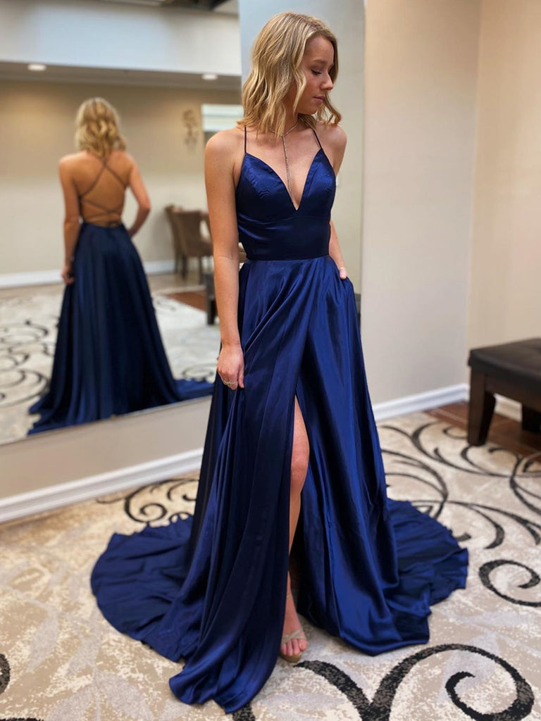 dark blue long prom dress