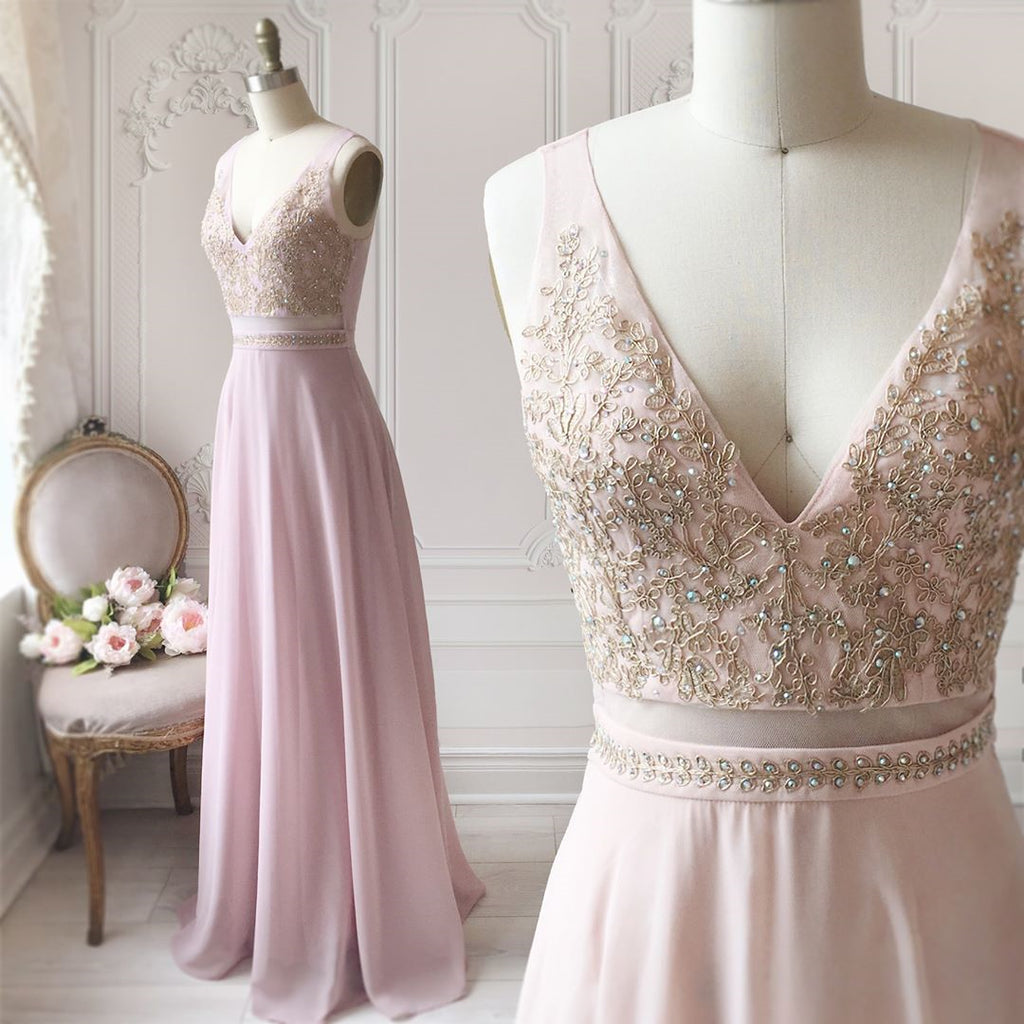A Line V Neck Pink Lace Prom Dresses Long, Pink Long Lace Formal Bride ...