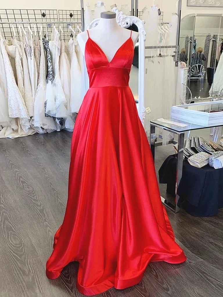 A Line V Neck Red Long Prom Dresses, Red V Neck Long Formal Evening Br ...