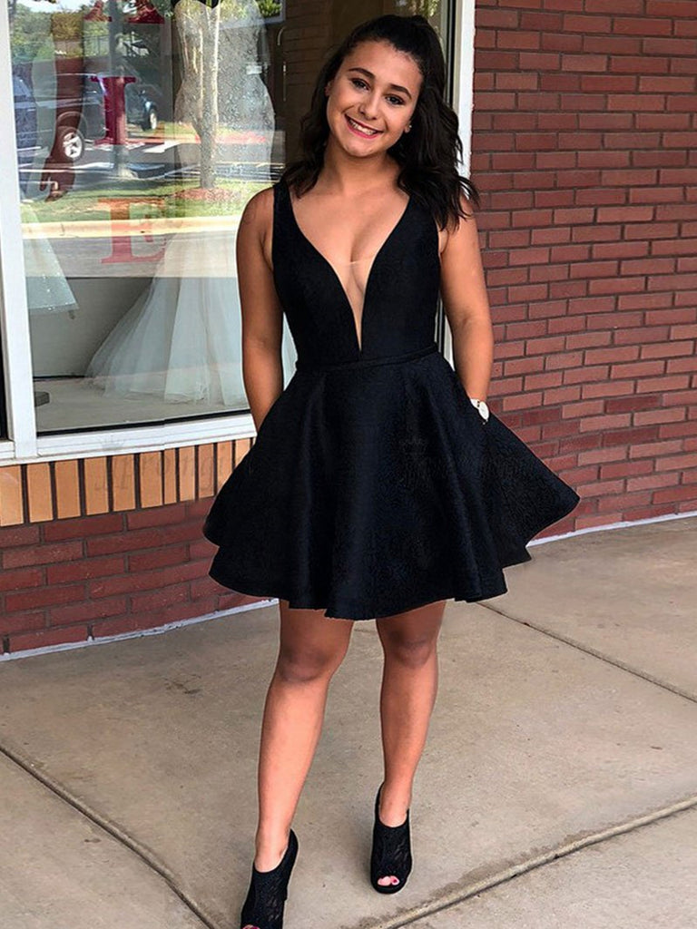 v neck short black dress