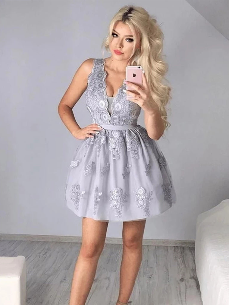 A Line V Neck Short Gray Lace Prom Dresses, Short Gray Lace Formal Hom ...