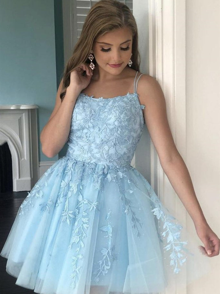 Backless Short Blue Lace Prom Dresses, Short Blue Lace Graduation Home ...