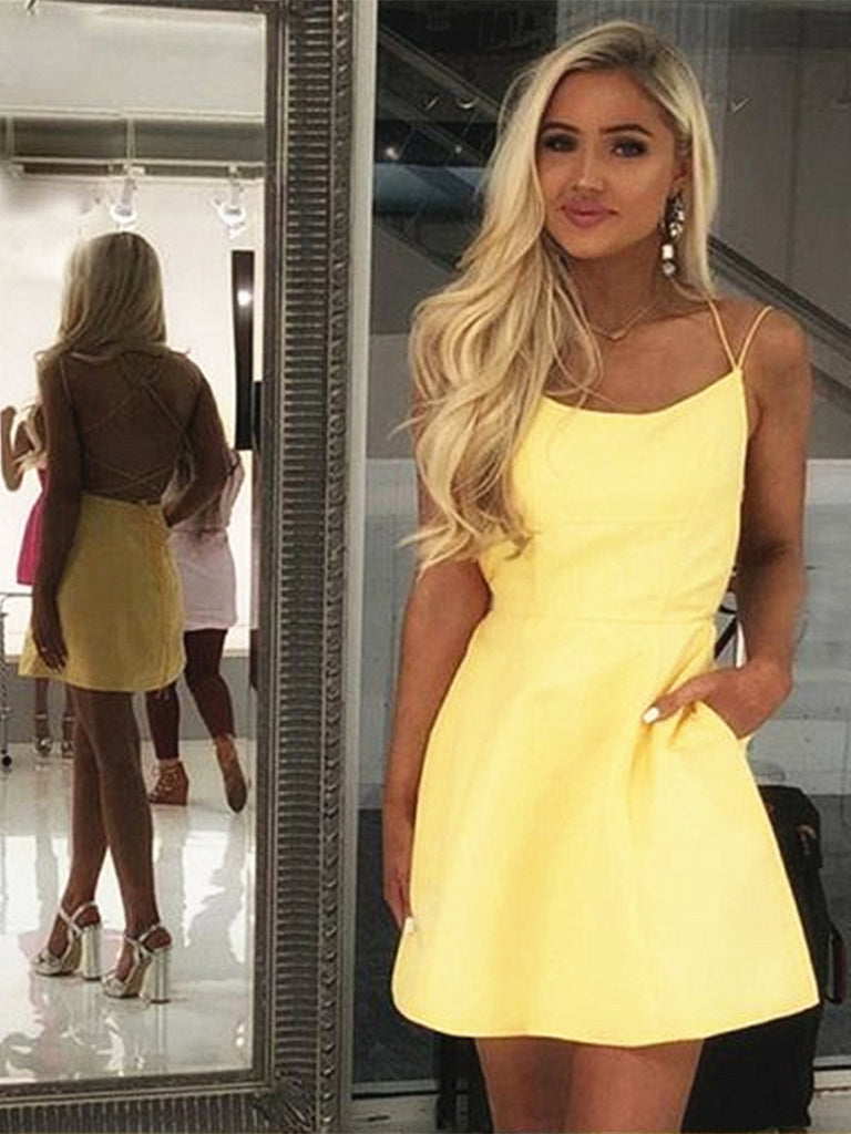 Backless Short Yellow Prom Dresses, Open Back Short Yellow Formal Home ...