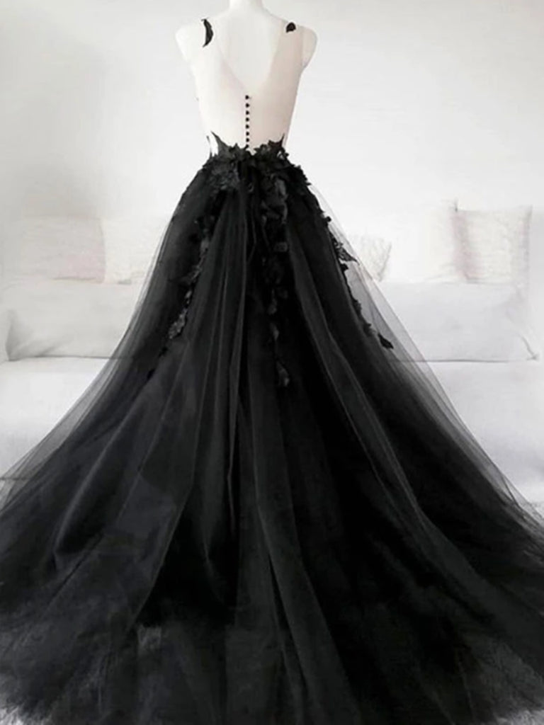 Black Tulle Lace Long Prom Dresses, Black Tulle Lace Formal Evening Dr ...