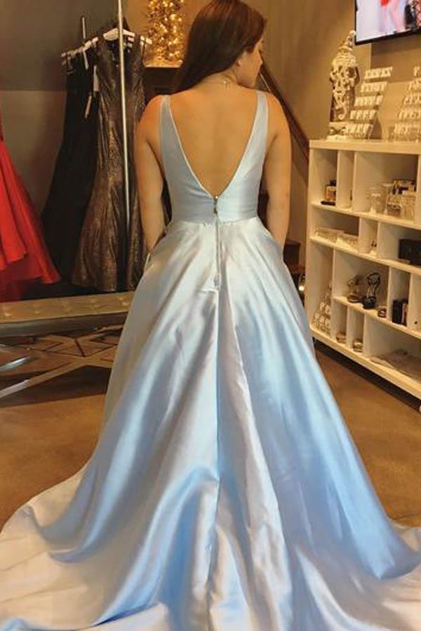 Custom Made A Line V Neck Blue Prom Dresses, Blue Formal Dress, V Neck ...