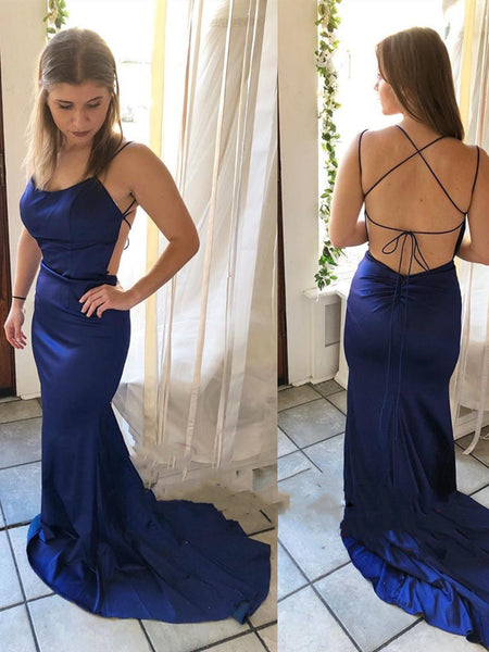 Elegant Navy Blue Mermaid Long Prom Dresses, Blue Mermaid Long Formal ...