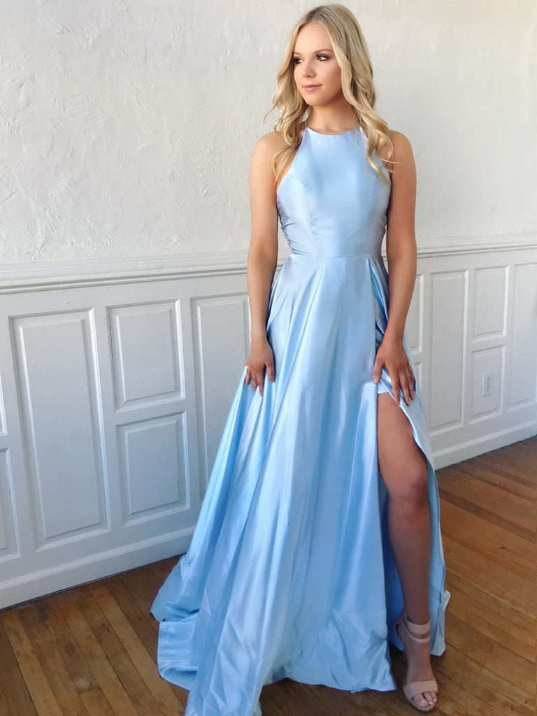 blue halter neck prom dress