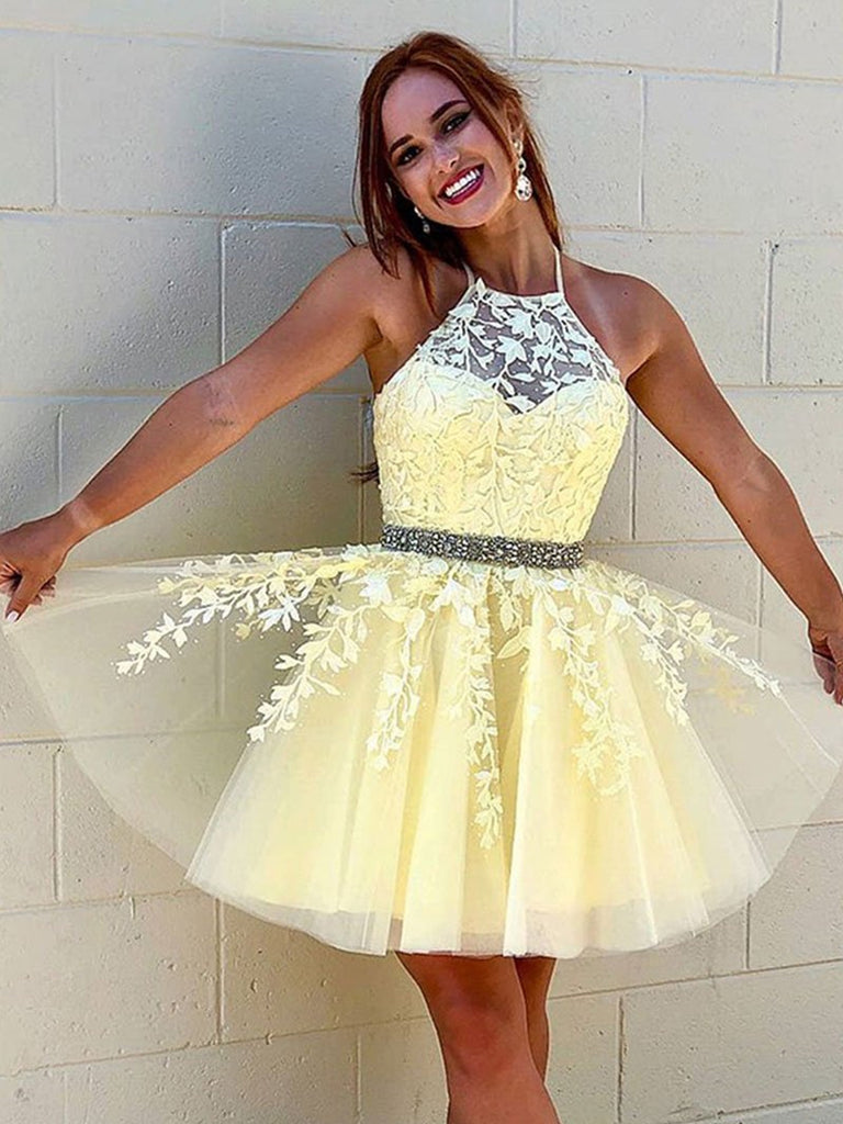 yellow short dress prom