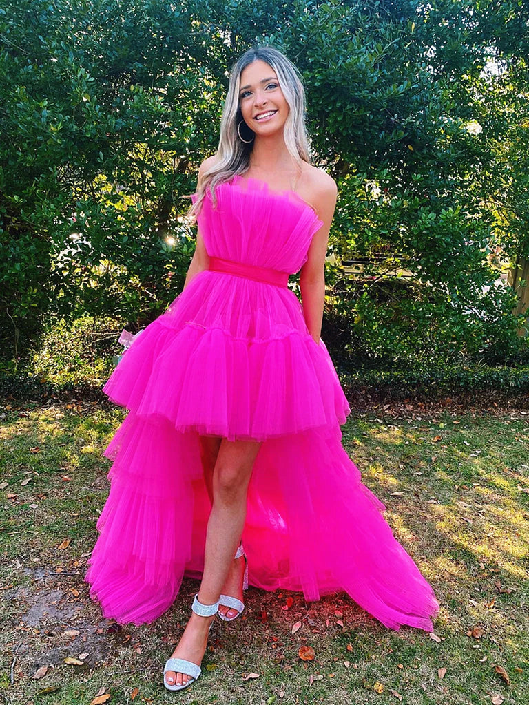 Hot Pink High Low Tulle Prom Dresses, Hot Pink High Low Formal Graduat ...