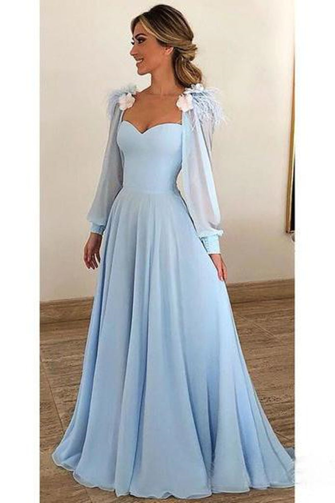 Long Sleeves Sky Blue Long Prom Dresses, Light Blue Long Sleeves Flora