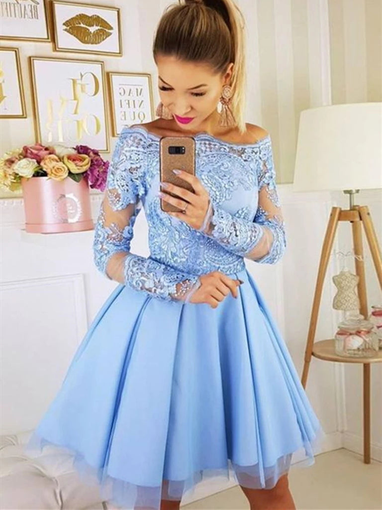 Lace Prom Dresses, Short Blue Lace 