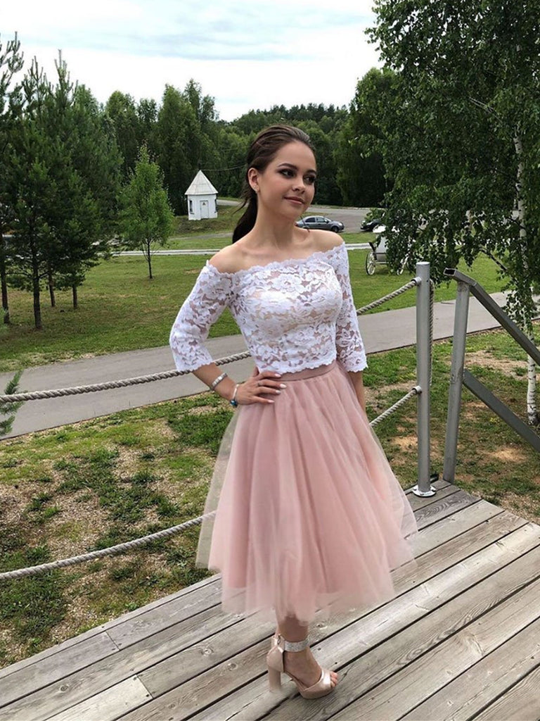 pink and white lace prom dress