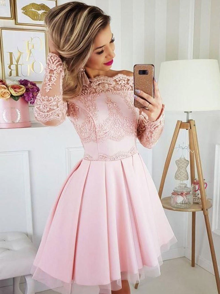 Long Sleeves Short Pink Lace Prom Dresses, Short Pink Lace Formal Home