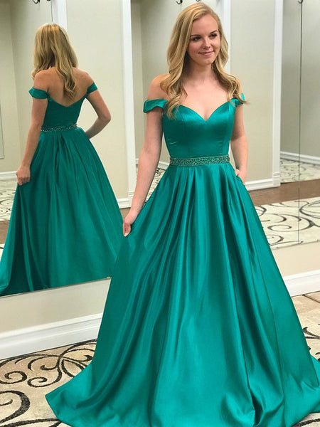 Off Shoulder Green Prom Dresses, Off the Shoulder Green Long Formal Gr ...