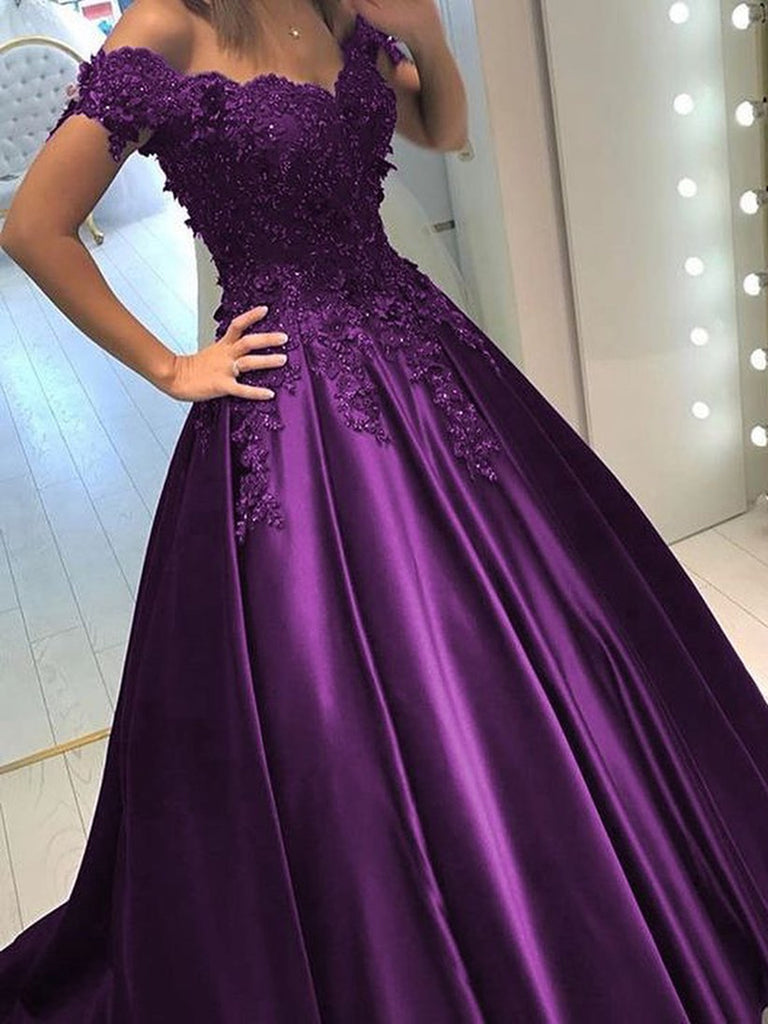 purple off shoulder gown