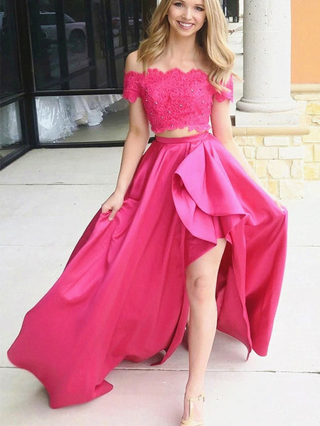 2 Pieces Off the Shoulder Pink High Low Lace Prom Dresses, Off Shoulde ...