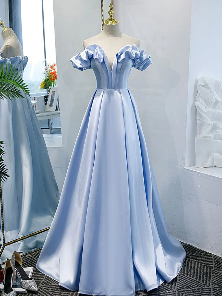 Strapless Sky Blue Floral Long Prom Dresses, Light Blue Long Floral Formal  Graduation Dresses