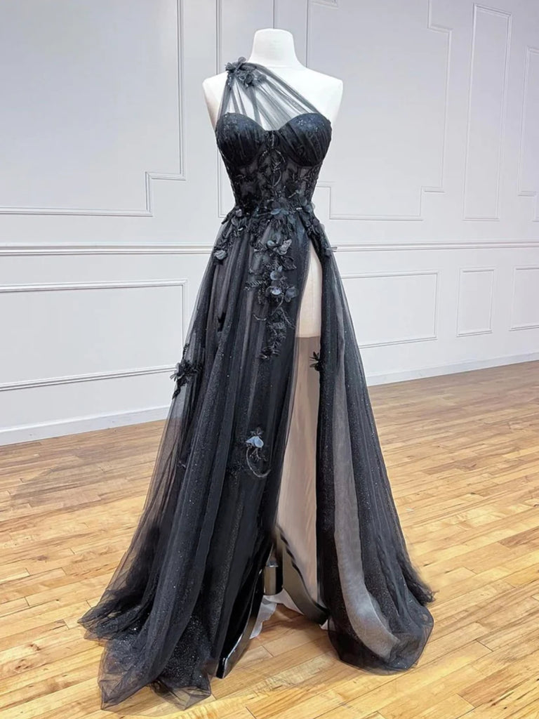 One Shoulder Black Lace Floral Long Prom Dresses with High Slit, Black ...