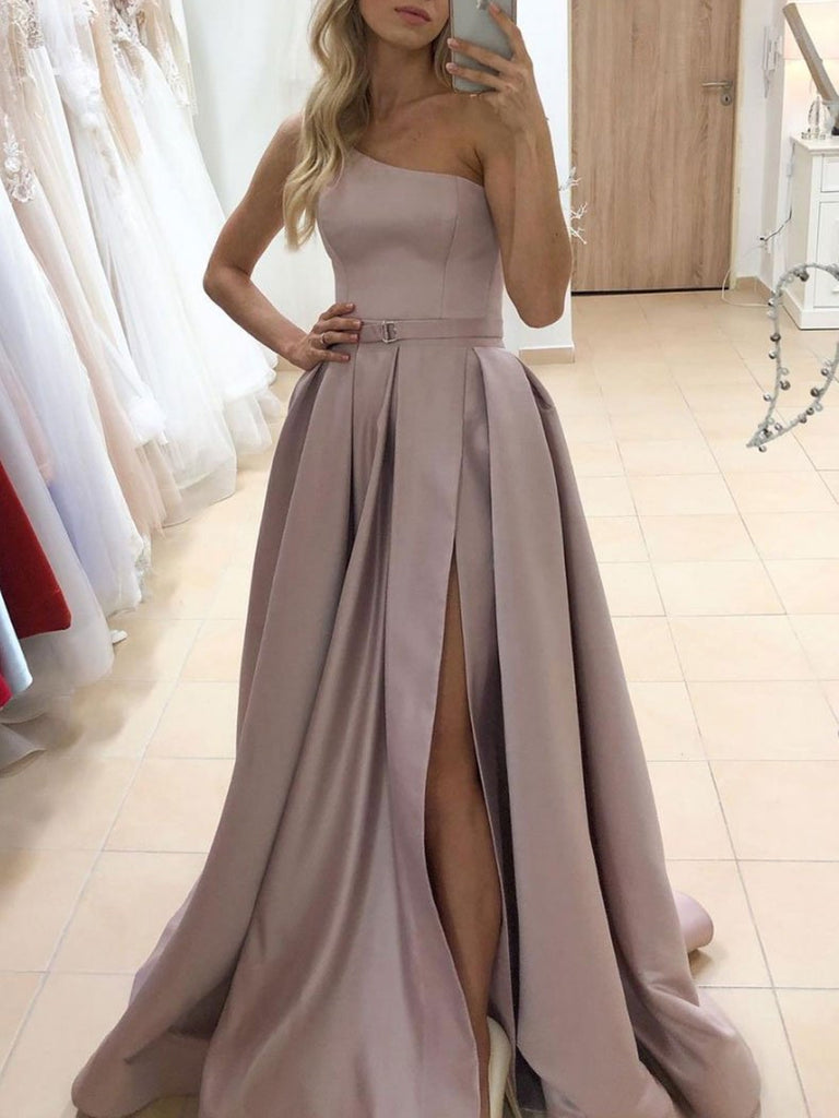 Off Shoulder Champagne Satin Long Prom Dresses with High Slit, Champagne  Formal Graduation Evening Dresses