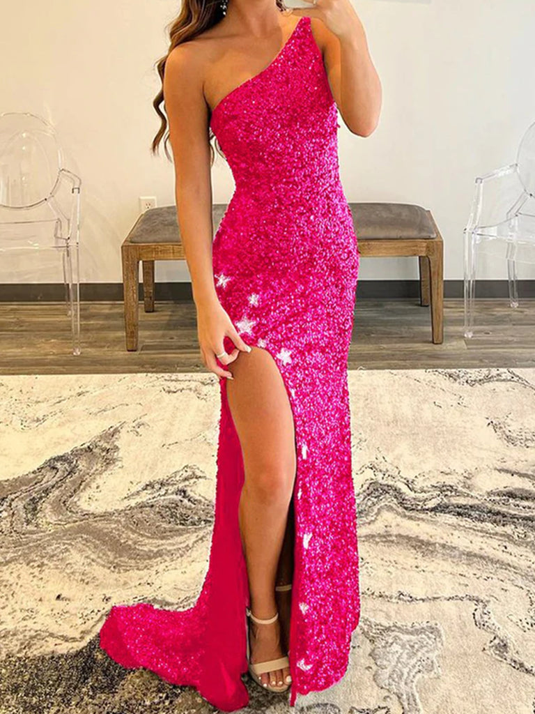 One Shoulder Hot Pink Black Prom Dresses, One Shoulder Pink Black Long