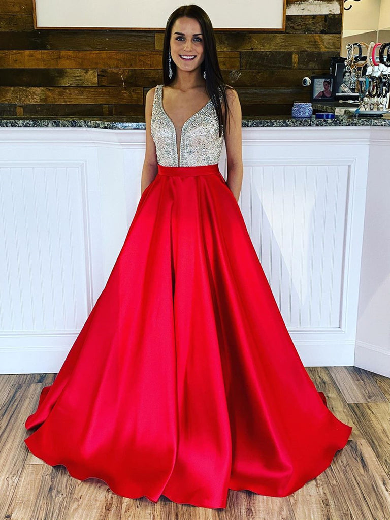 Red V Neck Satin Prom Dresses with Beaded Top, Red Satin Long Formal E ...