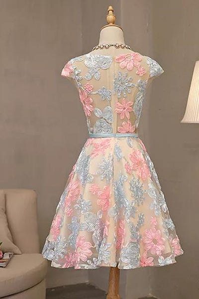 Round Neck Colorful Short Cap Sleeves Lace Prom Dresses, Short Colorfu ...