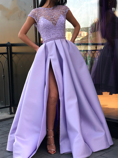 Round Neck Cap Sleeves Purple Lace Prom Dresses Long, Cap Sleeves Purp ...