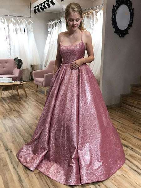 Shiny Pink Backless Long Prom Dresses, Open Back Pink Floor Length Formal Evening Dresses