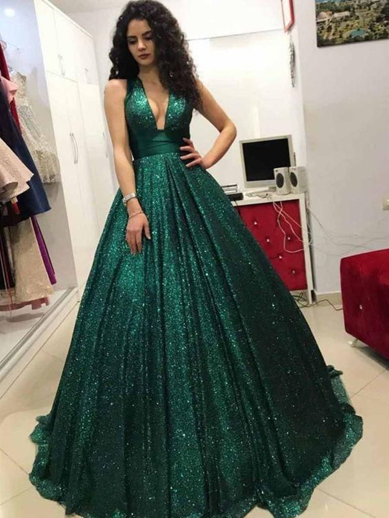 Shiny V Neck Dark Green Prom Dresses, Dark Green Long Formal Evening D ...