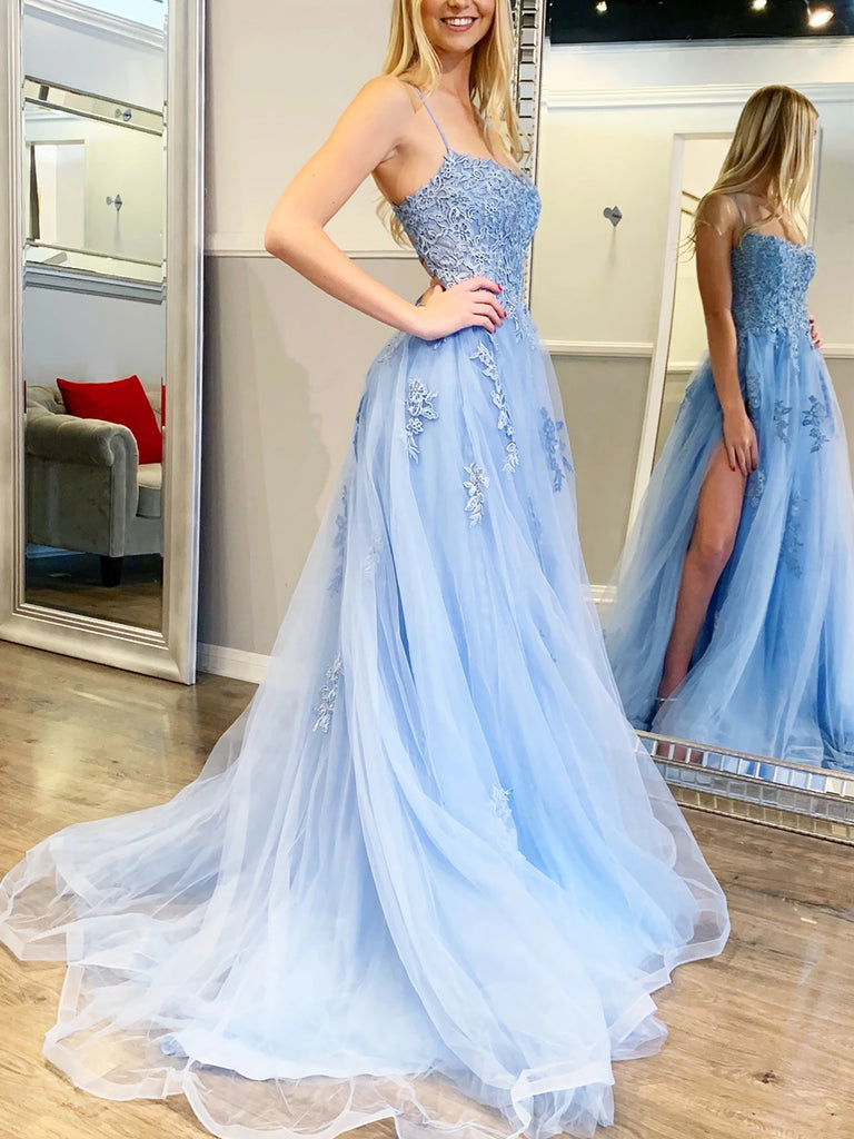 light blue spaghetti strap prom dress