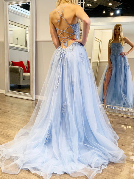 Spaghetti Straps Backless Blue Lace Prom Dresses Open Back Light Blue 1310