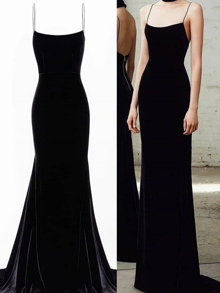 black spaghetti strap evening gown