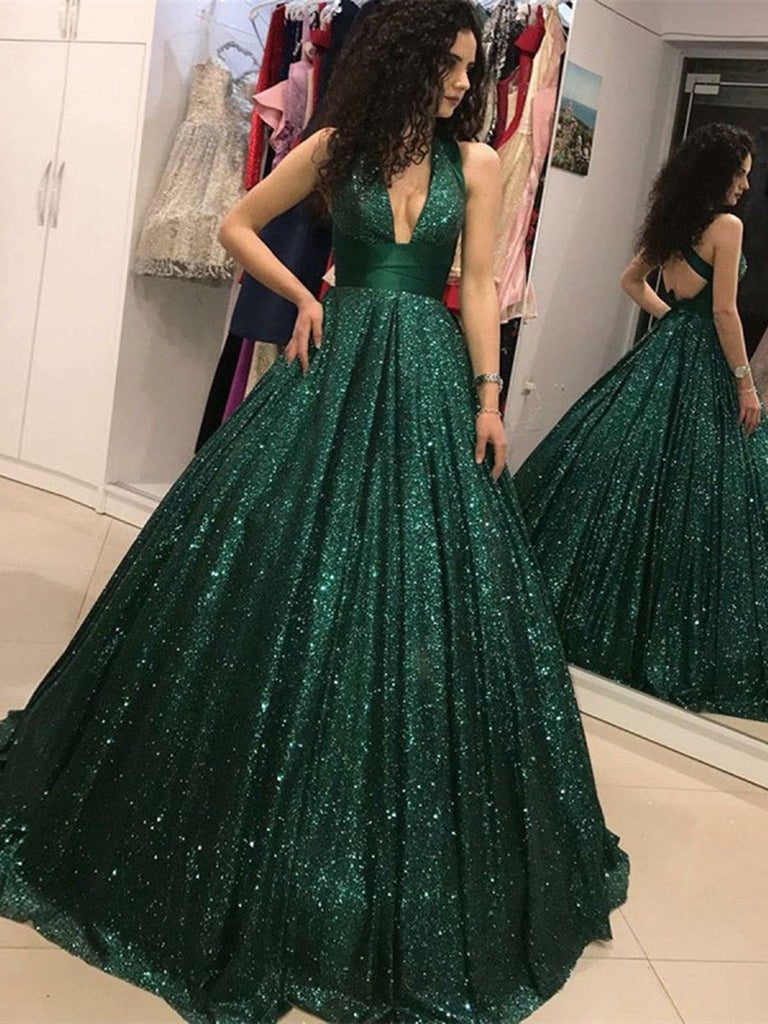 sequin green prom dress