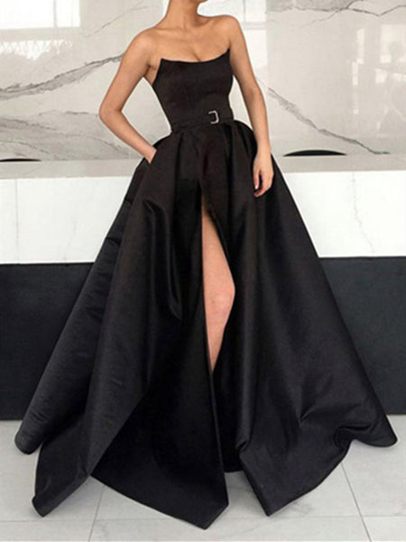 Strapless Black Satin Long Prom Dresses with High Leg Slit, Black Sati ...