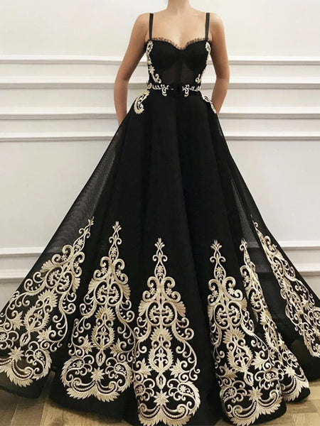 Sweetheart Neck Black Prom Dress with Gold Lace, Black Gold Lace Forma ...