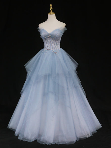 Sweetheart Neck Blue Ombre Tulle Long Prom Dresses, Blue Ombre Long Tu ...