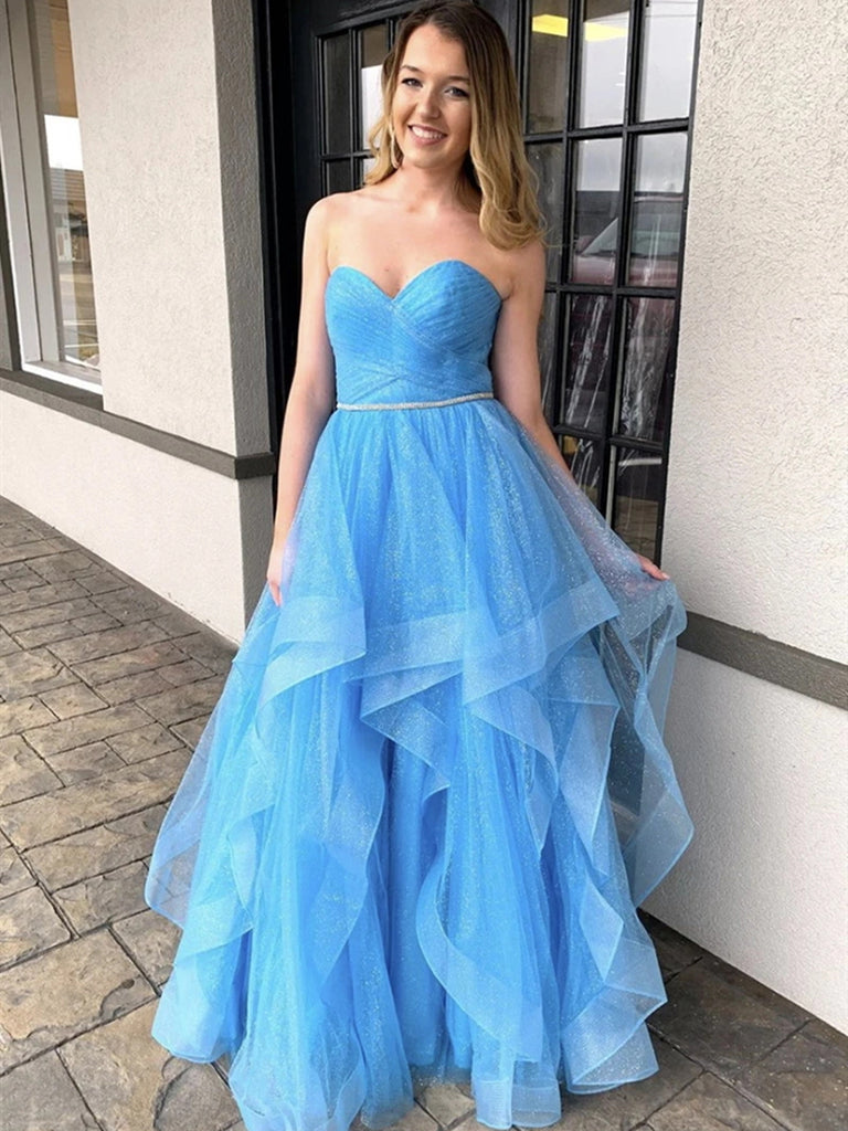 Sweetheart Neck Light Blue Long Prom Dresses, Shiny Blue Formal Evenin ...