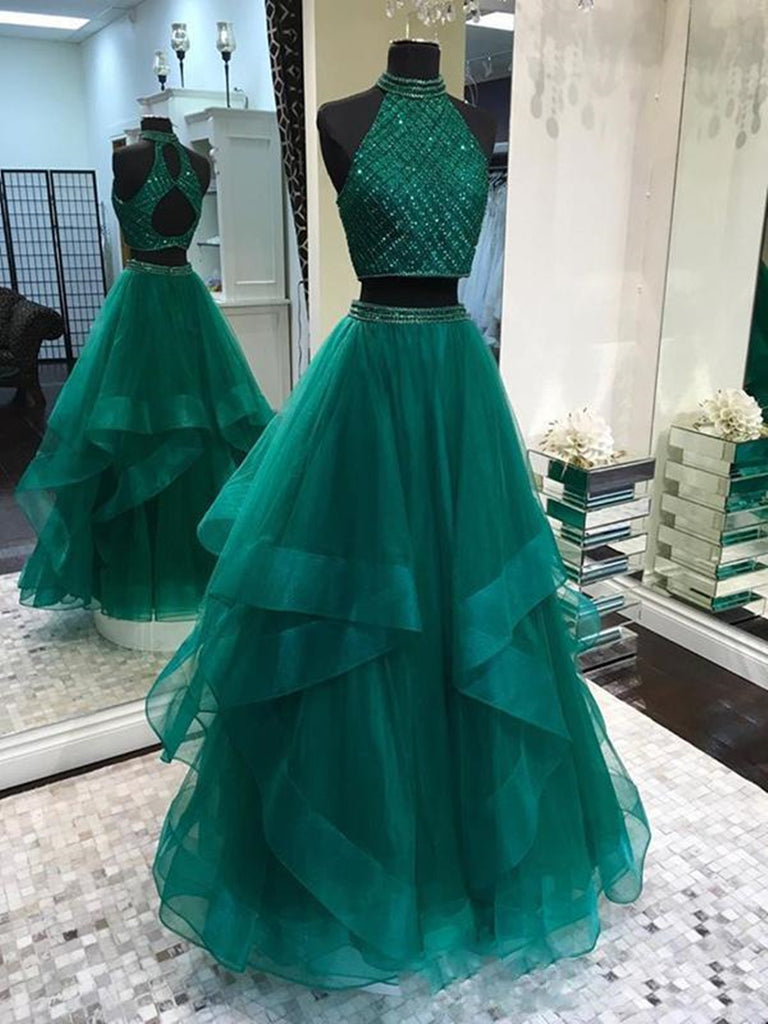 Two Pieces Emerald Green Prom Dress 