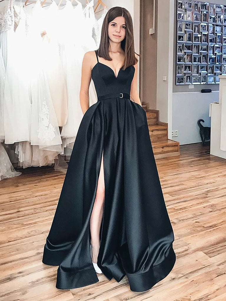 V Neck Black Satin Prom Dresses, Black Long Formal Evening Graduation