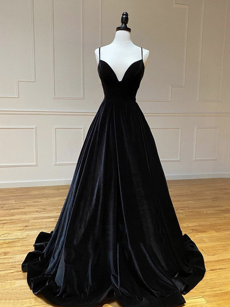V Neck Black Velvet Long Prom Dresses 
