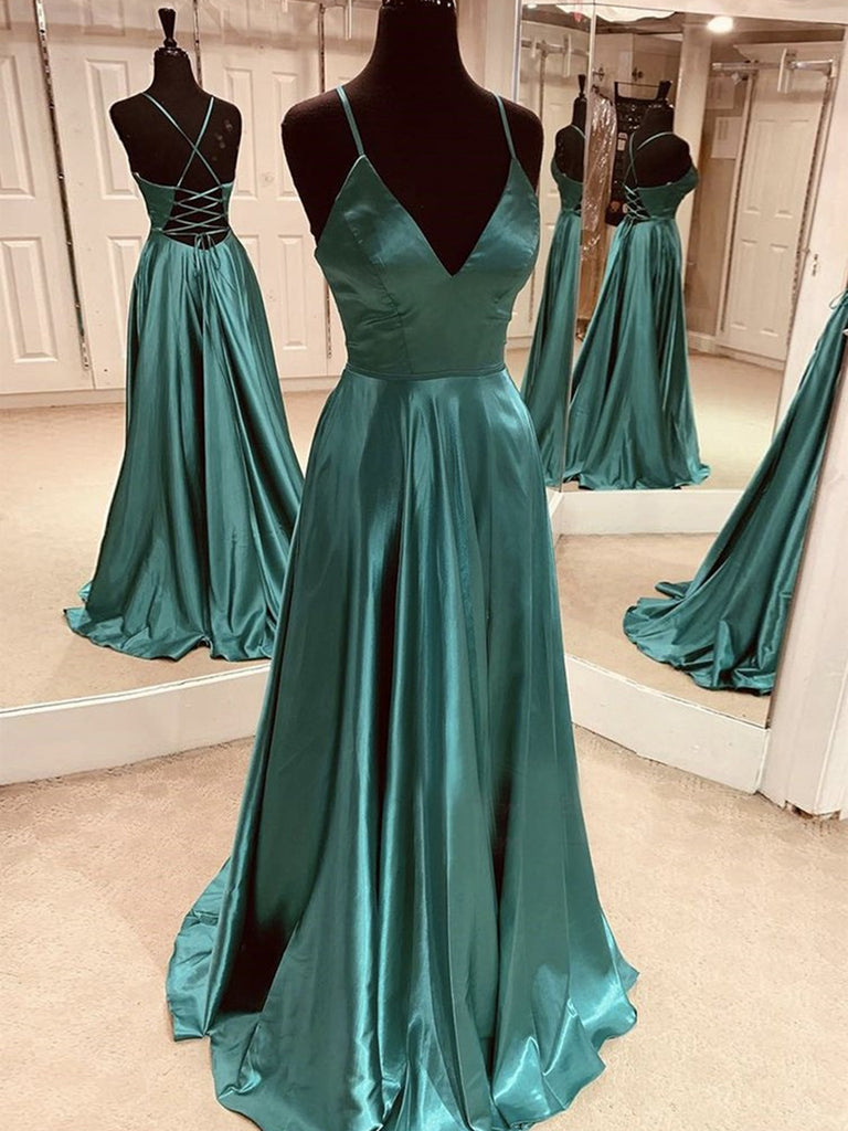 satin emerald green prom dress