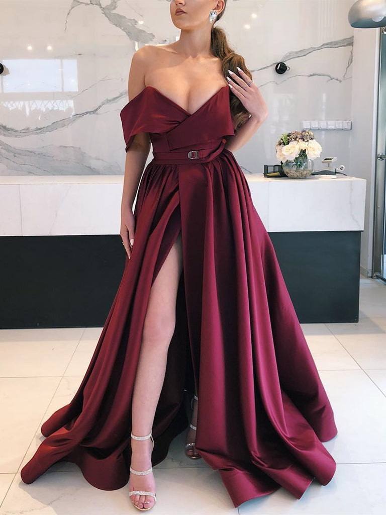 V Neck Off Shoulder Burgundy Long Prom Dress with Leg Slit, Burgundy O ...