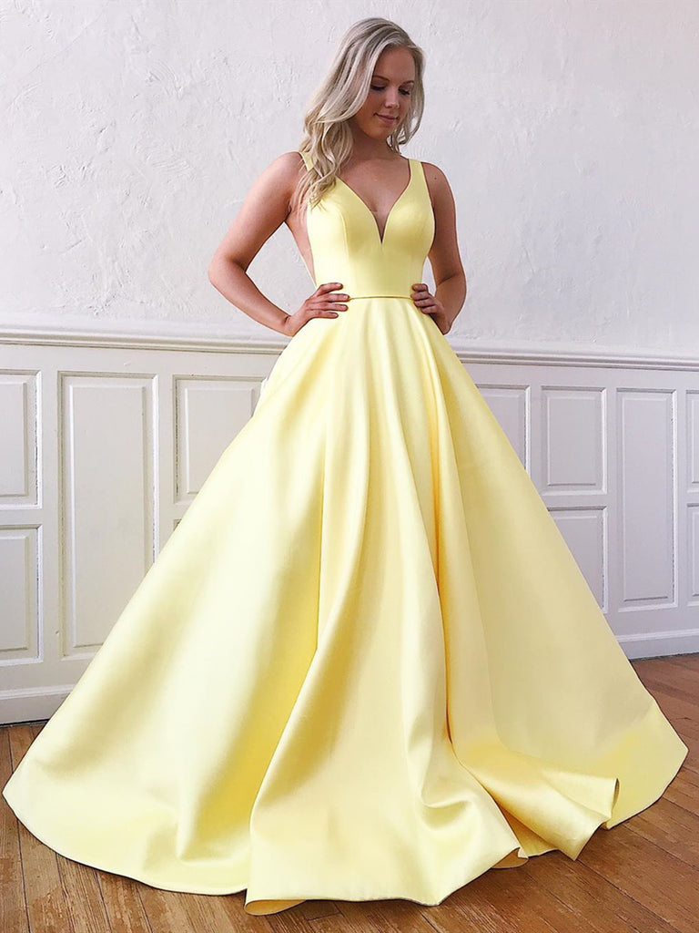 V Neck Yellow Satin Prom Dresses, V Neck Yellow Formal Evening Graduat