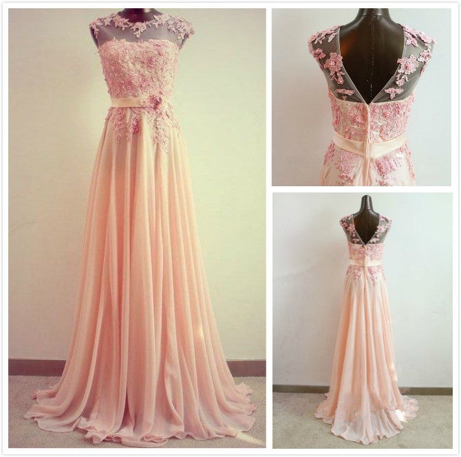 A-Line Round Neck Sweep Train Lace Coral Prom Dress, Formal Dresses, L ...