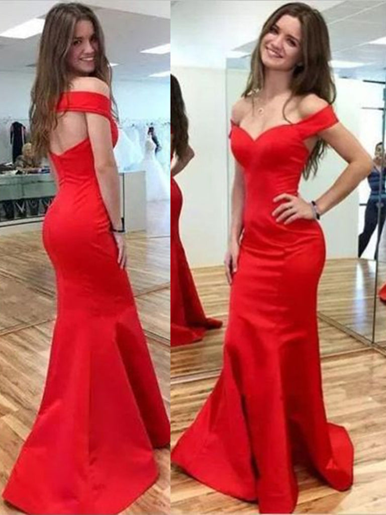 red off the shoulder mermaid prom dress