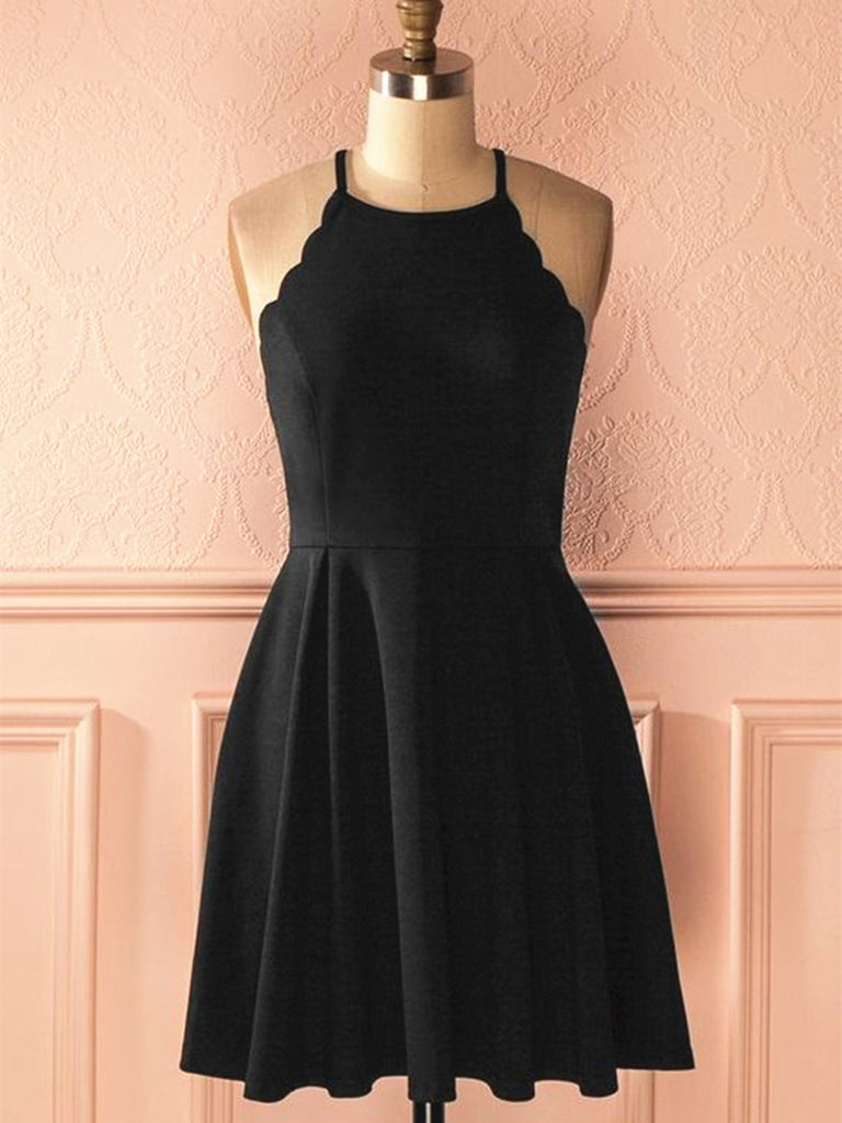A Line Halter Neck Short Black Prom Dresses, Black Formal Dresses, Lit