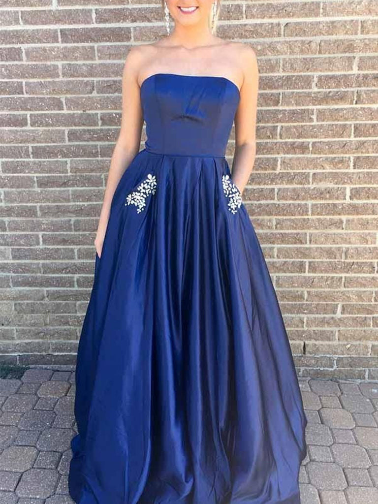 A Line Strapless Hunter Green Blue  Prom  Dress  with Beading 