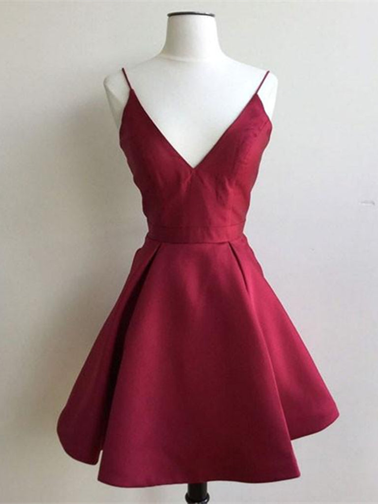 A Line V Neck Short Burgundy Prom Dresses, Short Burgundy Graduation D ...