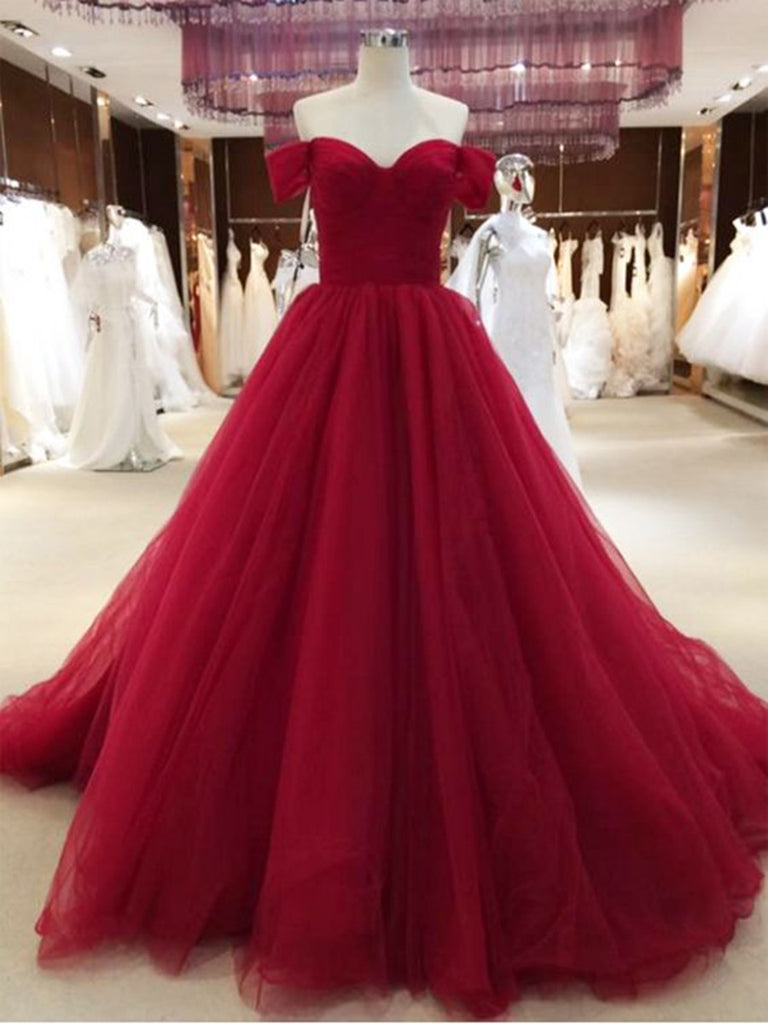 burgundy off the shoulder ball gown